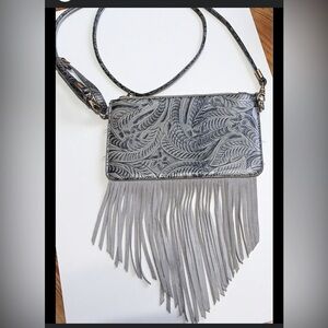 Free People Gray Fringe Crossbody Bag with Embossed Leaf Design, wristlet